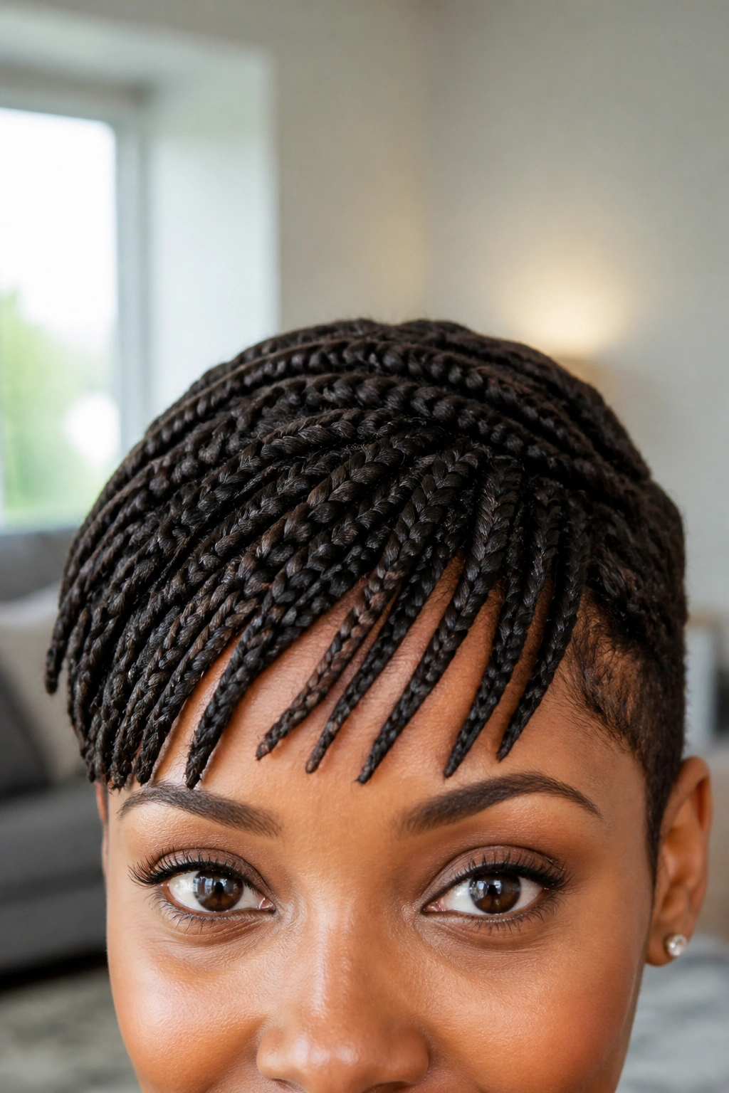 Close-up of a real Black woman with braided bangs on a pixie