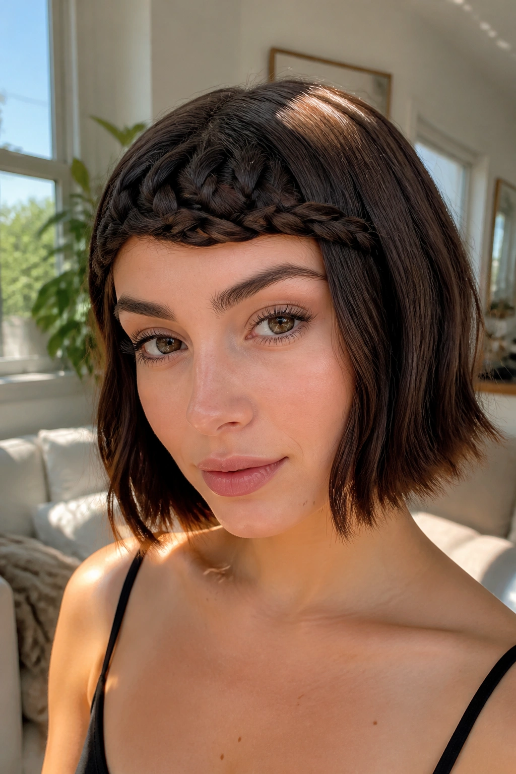 Close-up of braided bangs across the forehead with a bob in warm window light