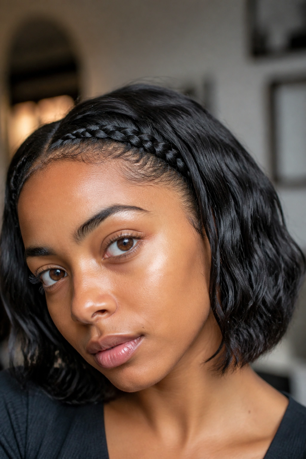 Close-up of real person with braided bangs along the hairline