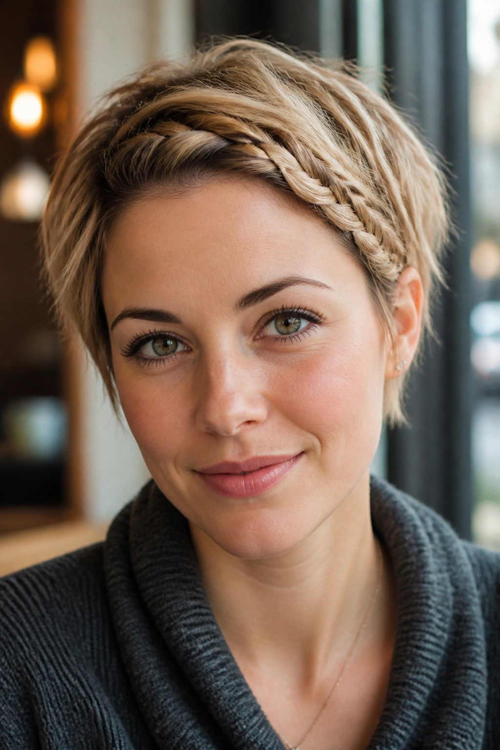 Close-up of real person showing braided bangs swept to one side
