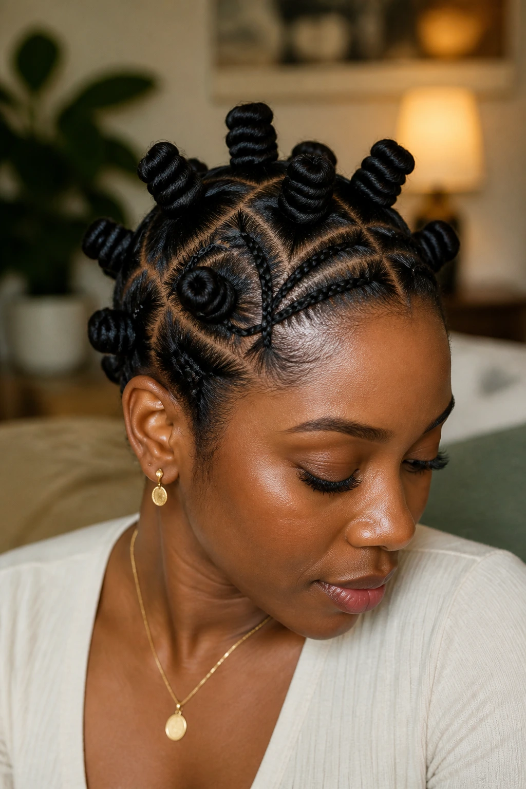 Close-up of braided-base Bantu knots on a real person's head