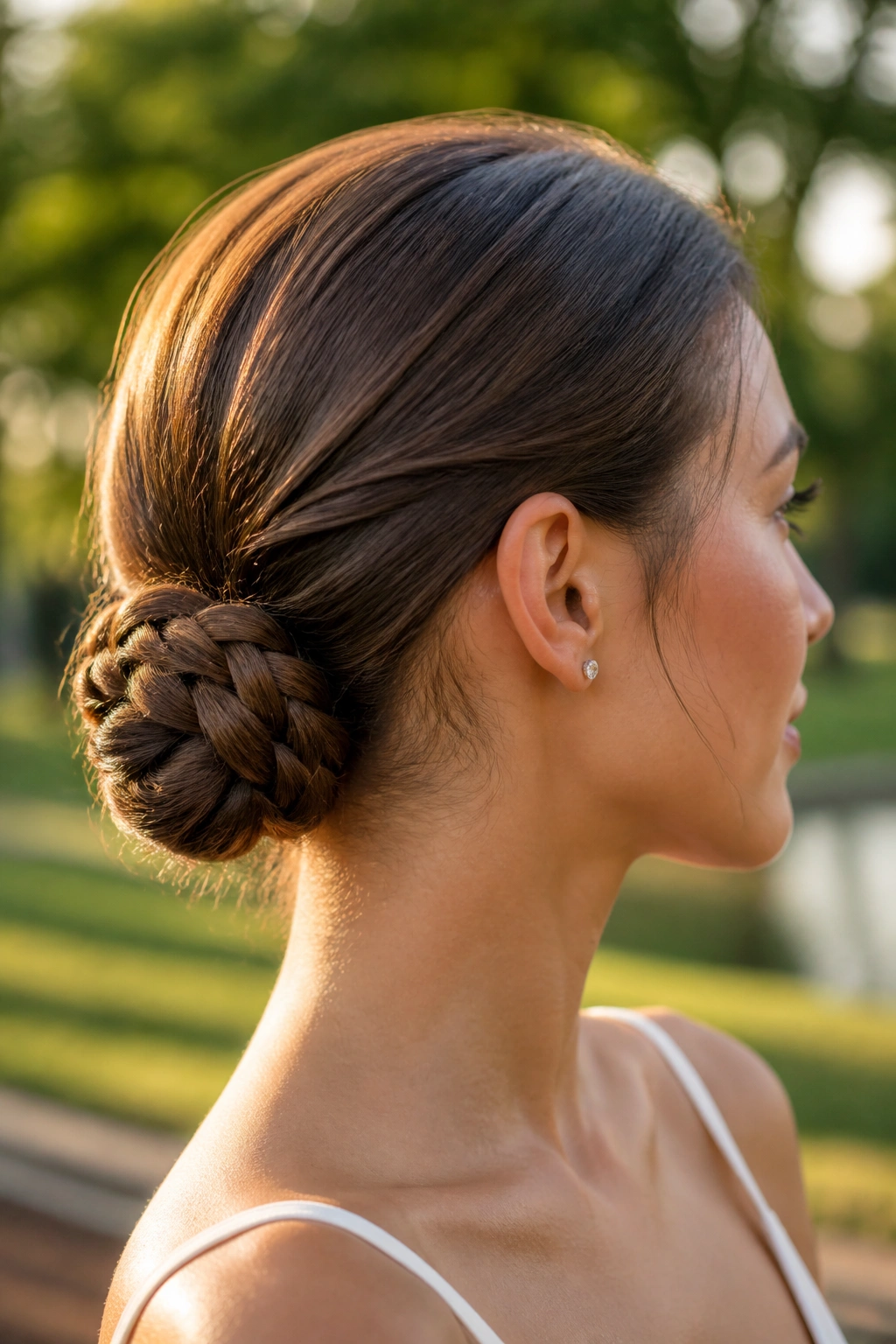 Close-up of braided base bun on a real person.
