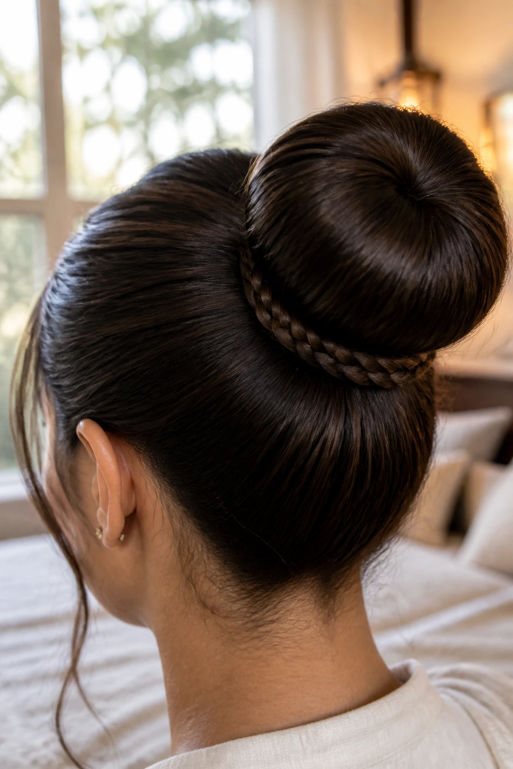 Close-up of a real woman's braided base donut bun in natural light