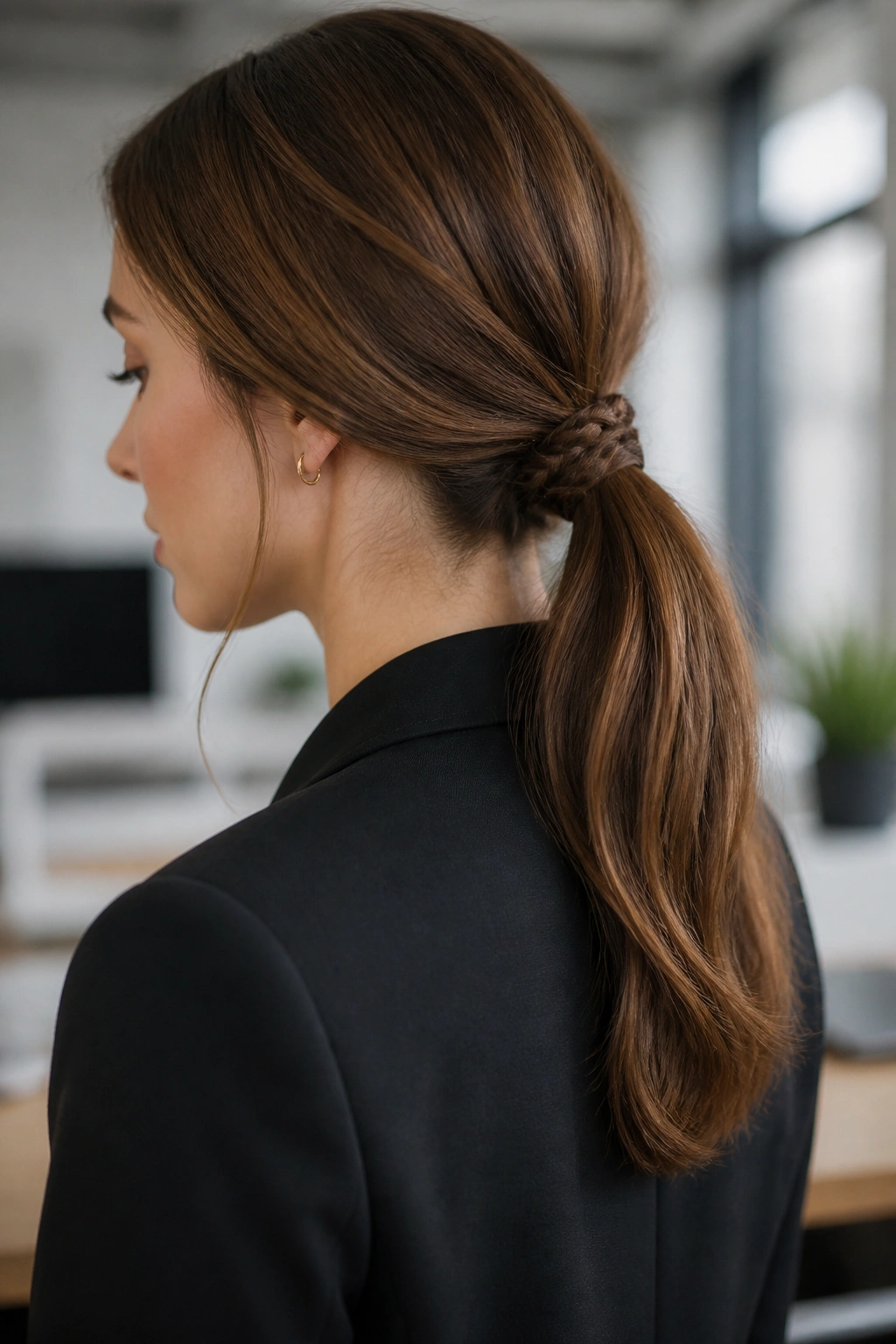 Close-up of a real woman with a braided-base low ponytail showing a slim three-strand braid at the base.