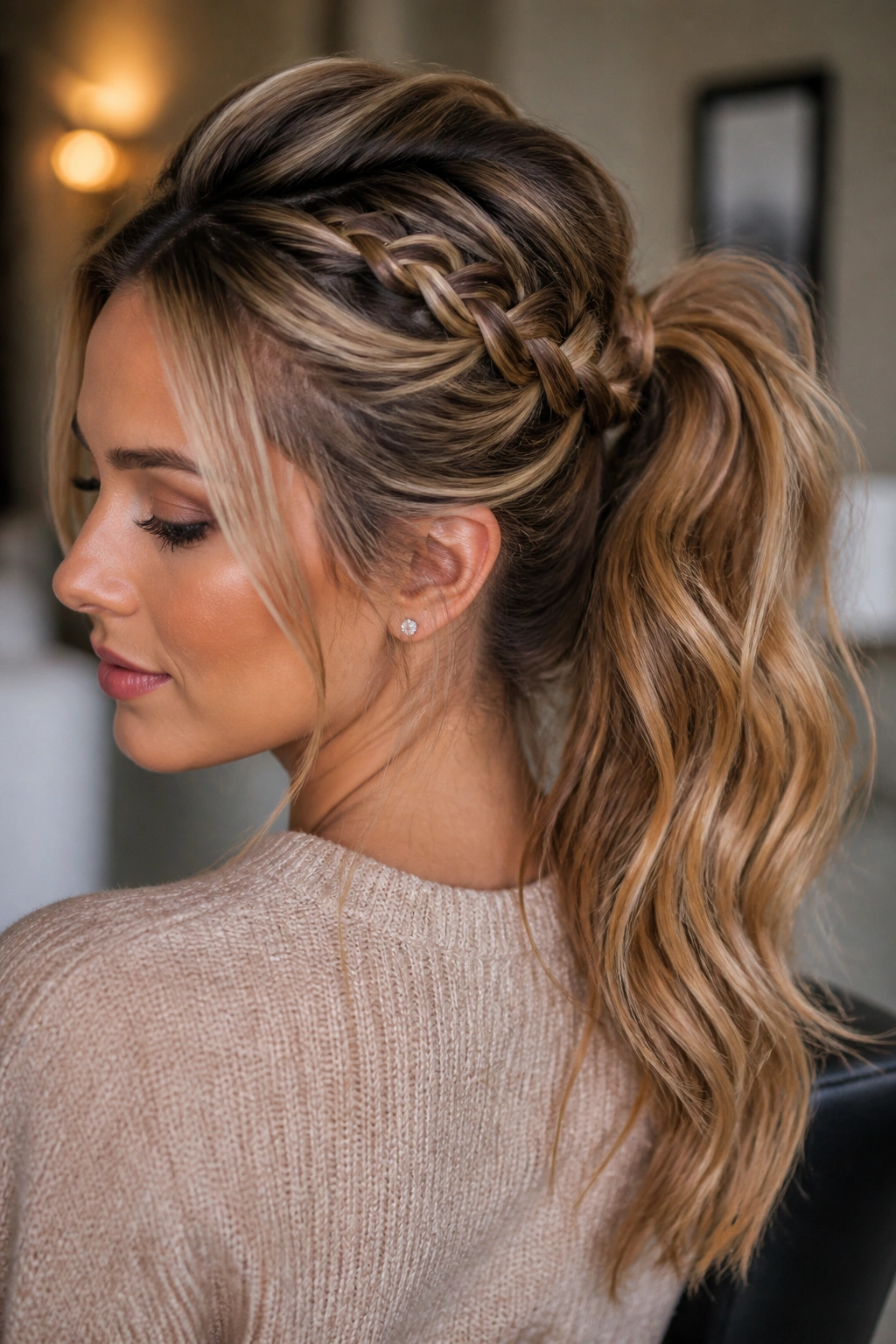 Close-up of a real woman wearing a base braid integrated into a ponytail