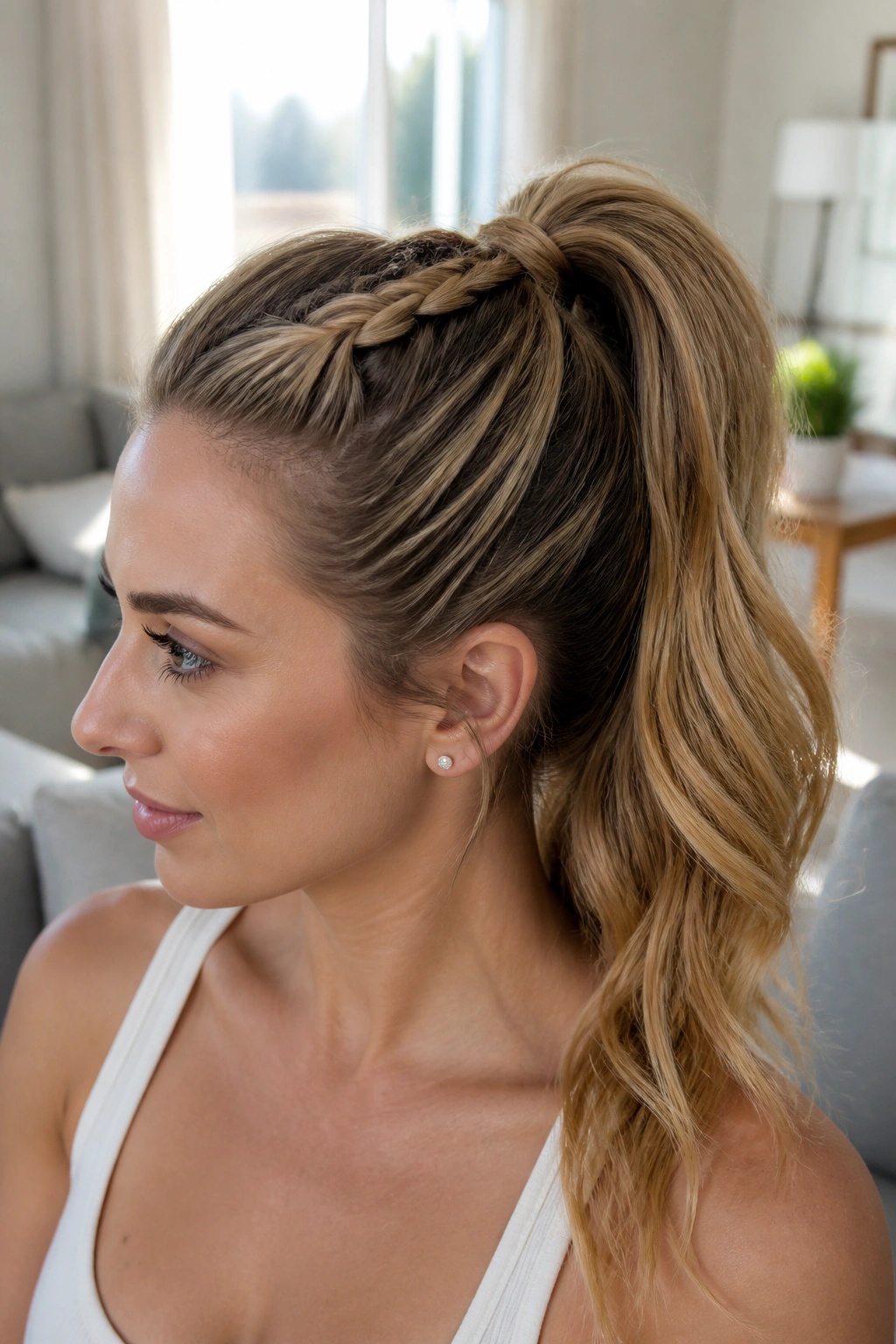 Real woman with braided base high ponytail under natural daylight