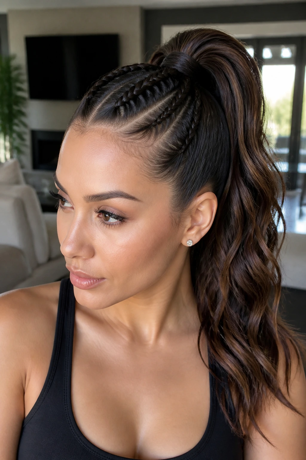 Close-up of a woman with a braided-base high ponytail and front braids