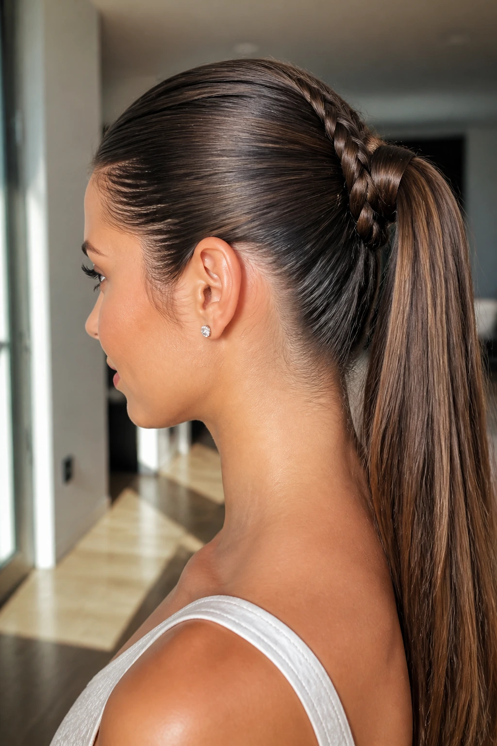 Close-up of a woman with braided base ponytail