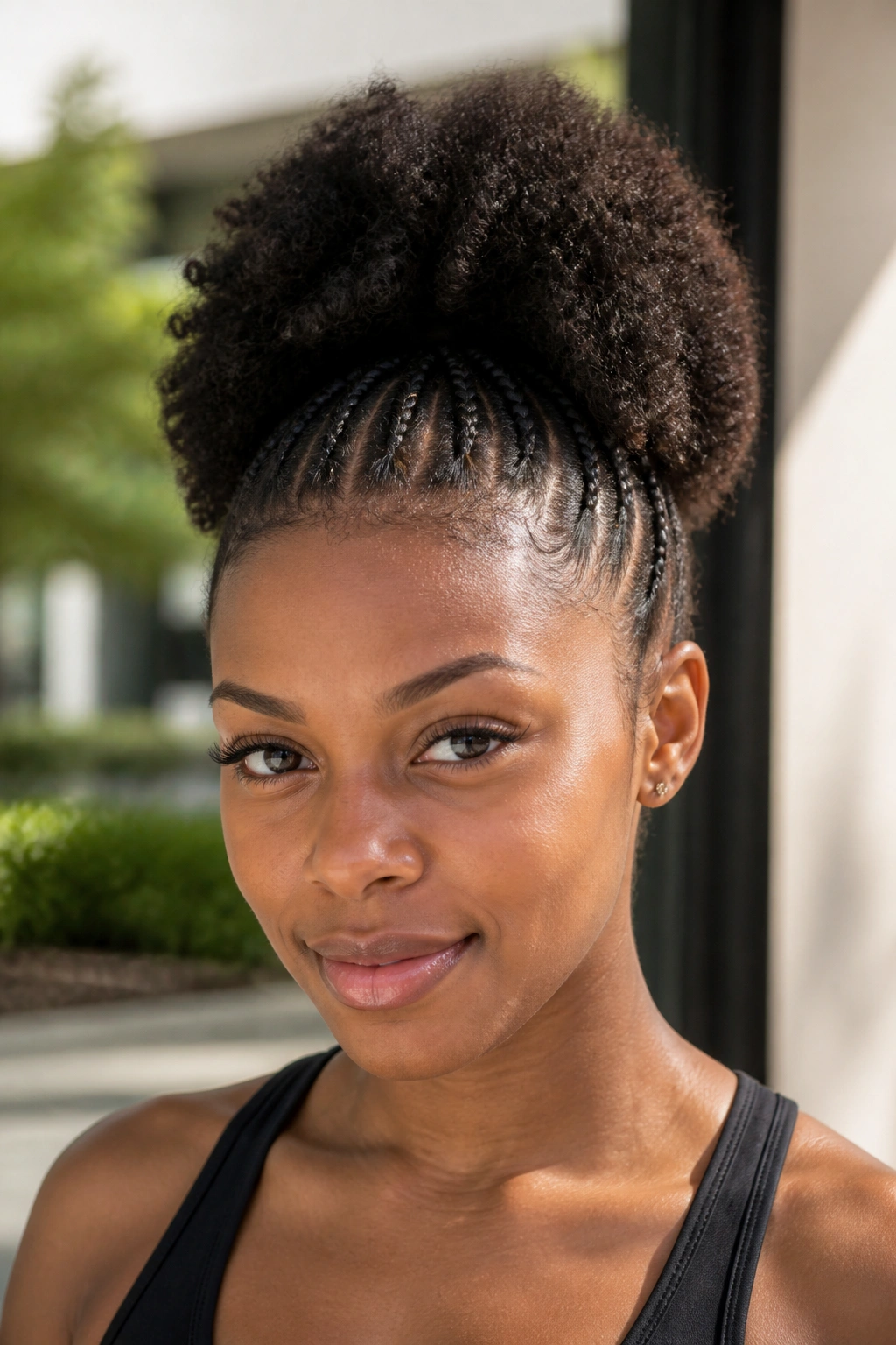 Woman with braided-base puff ponytail, close-up