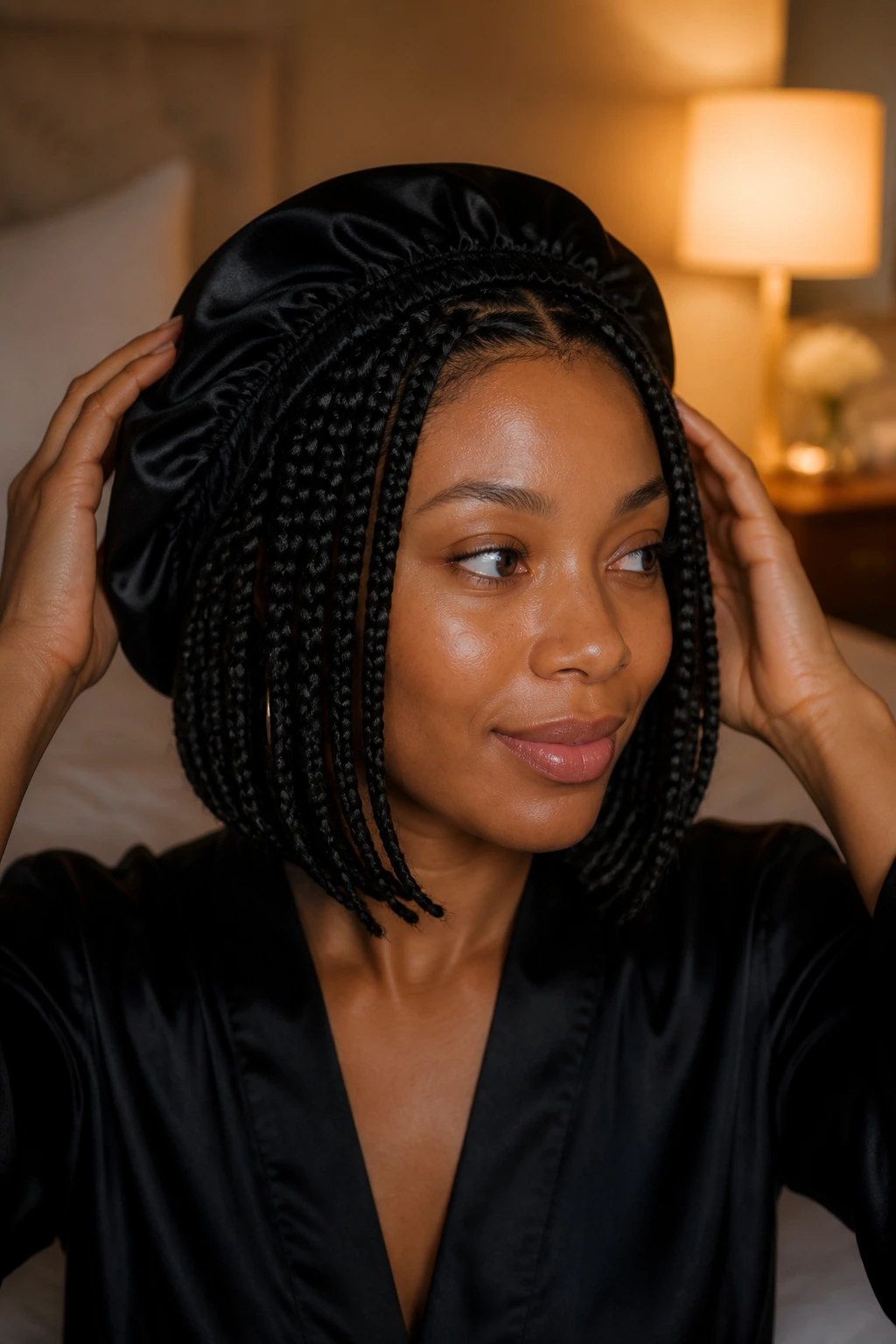 Portrait of a woman wearing a satin bonnet in a softly lit bedroom