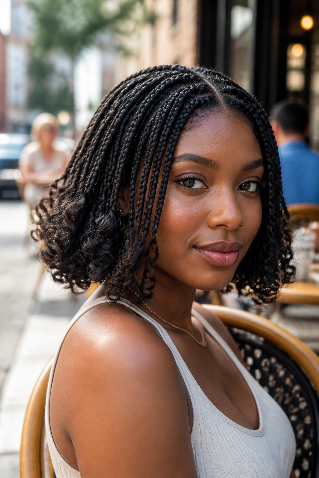 Close-up of a real person with braided bob and curly ends