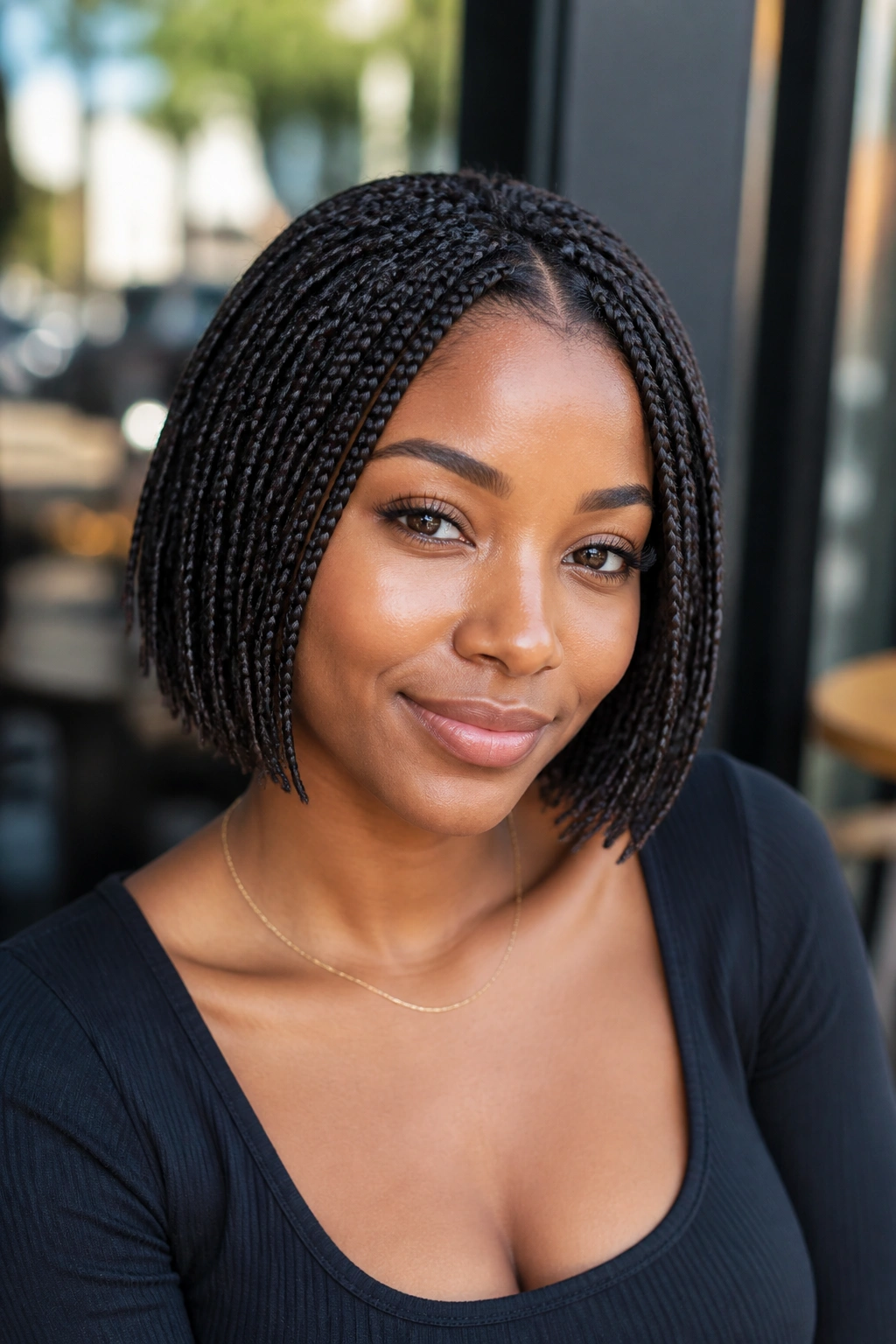 Portrait of a woman with a chin-length braided bob