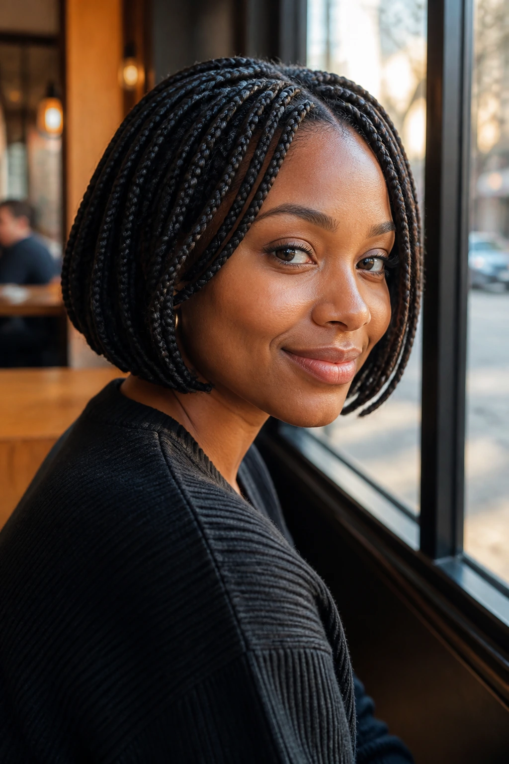 Close-up of a woman with a braided bob in cafe window light