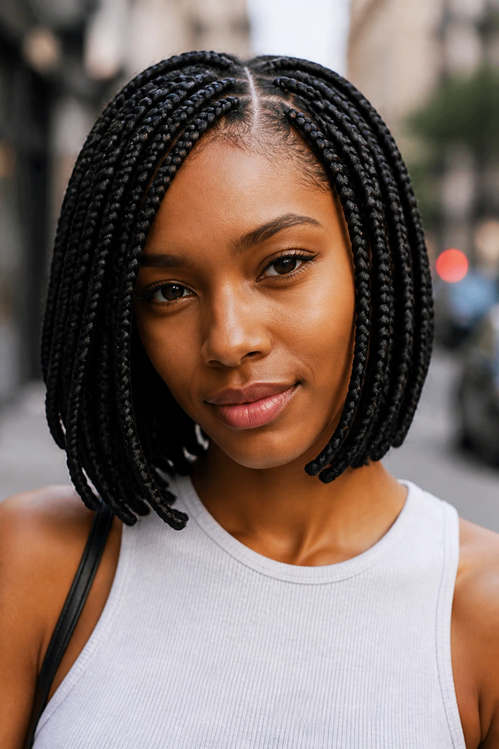 Close-up of a braided bob on a real person.