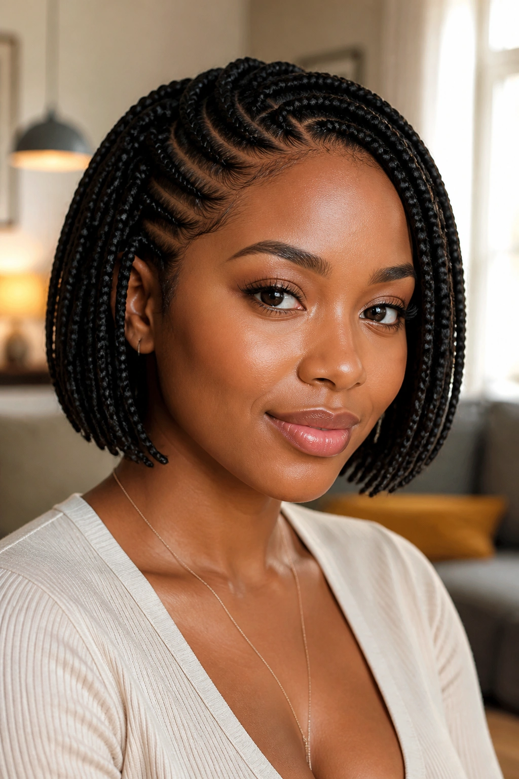 Close-up portrait of a Black woman with a braided bob that shapes the face