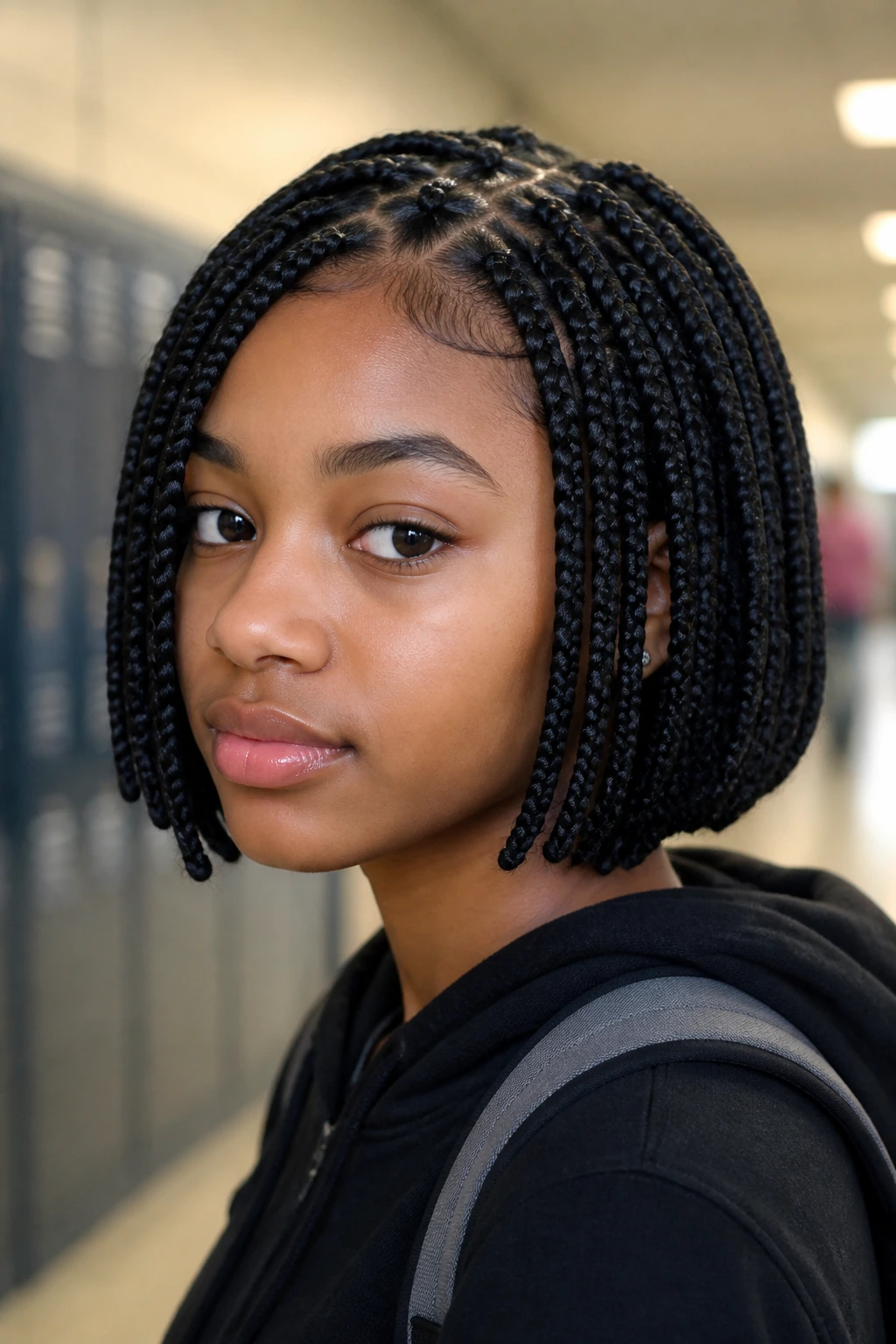 Teen girl with short braided bob hairstyle in hallway light