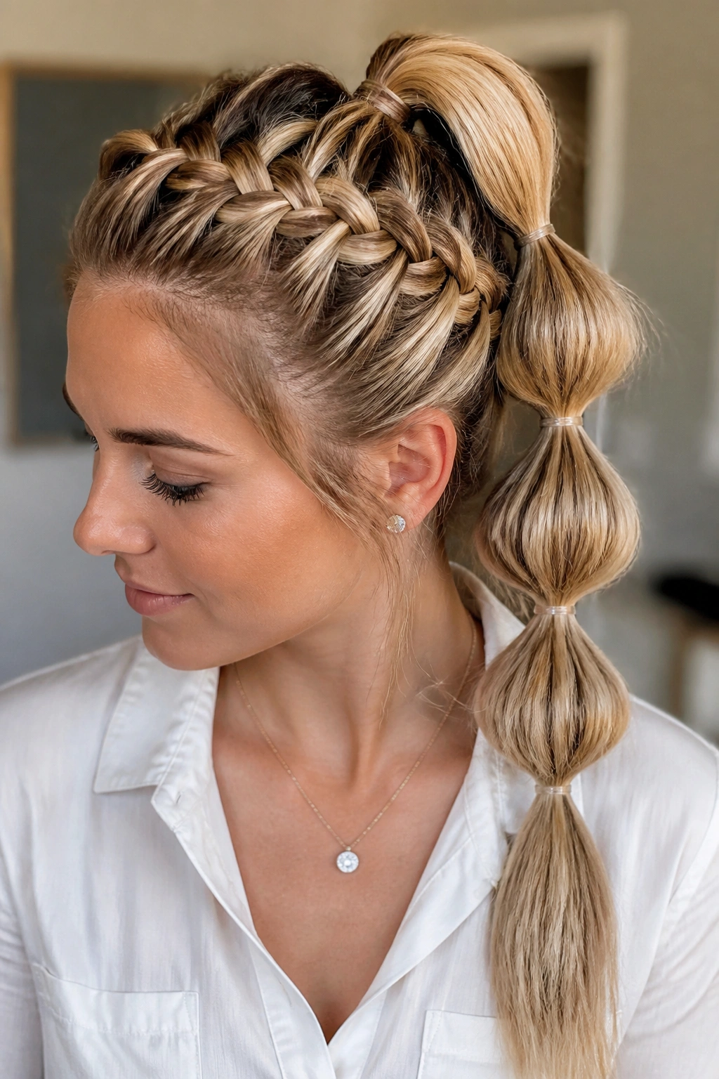Close-up of a real woman showing a braided bubble ponytail hybrid.