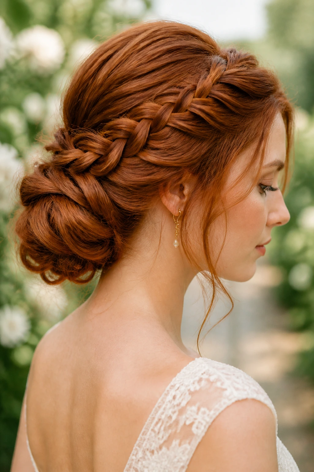 Close-up of braided low bun on auburn hair at garden wedding