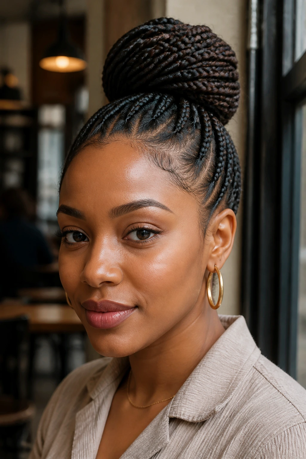 Close-up of real woman with a braided bun on her head