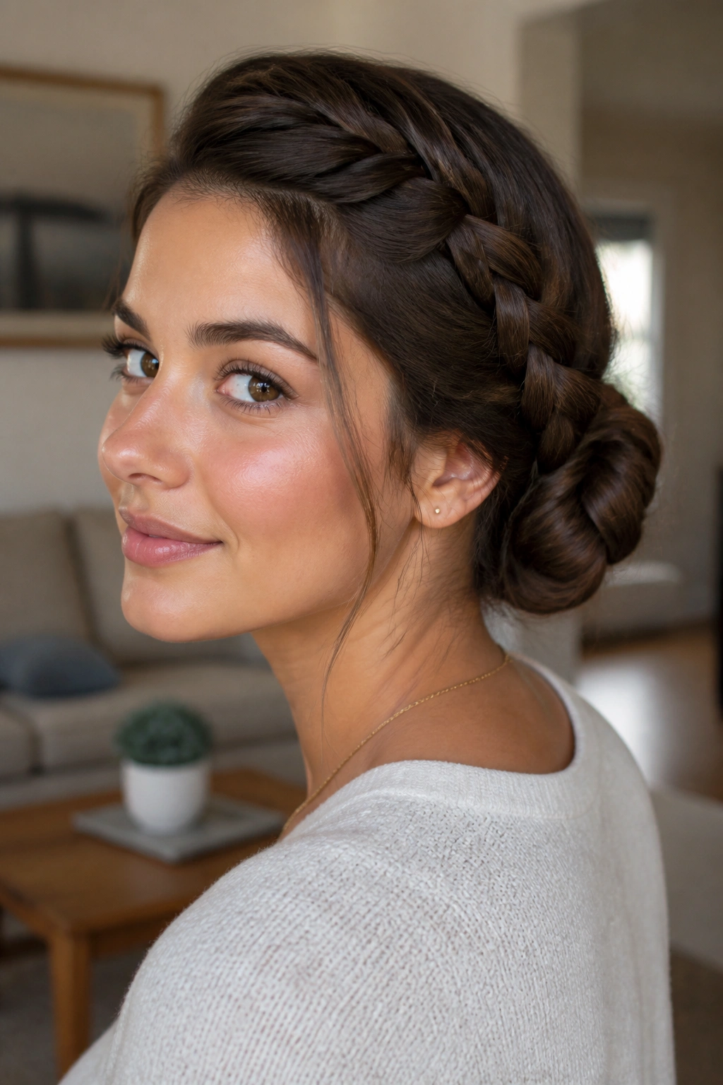 Close-up of a real person with Braided Low Bun With Hidden Ends in cozy daylight.