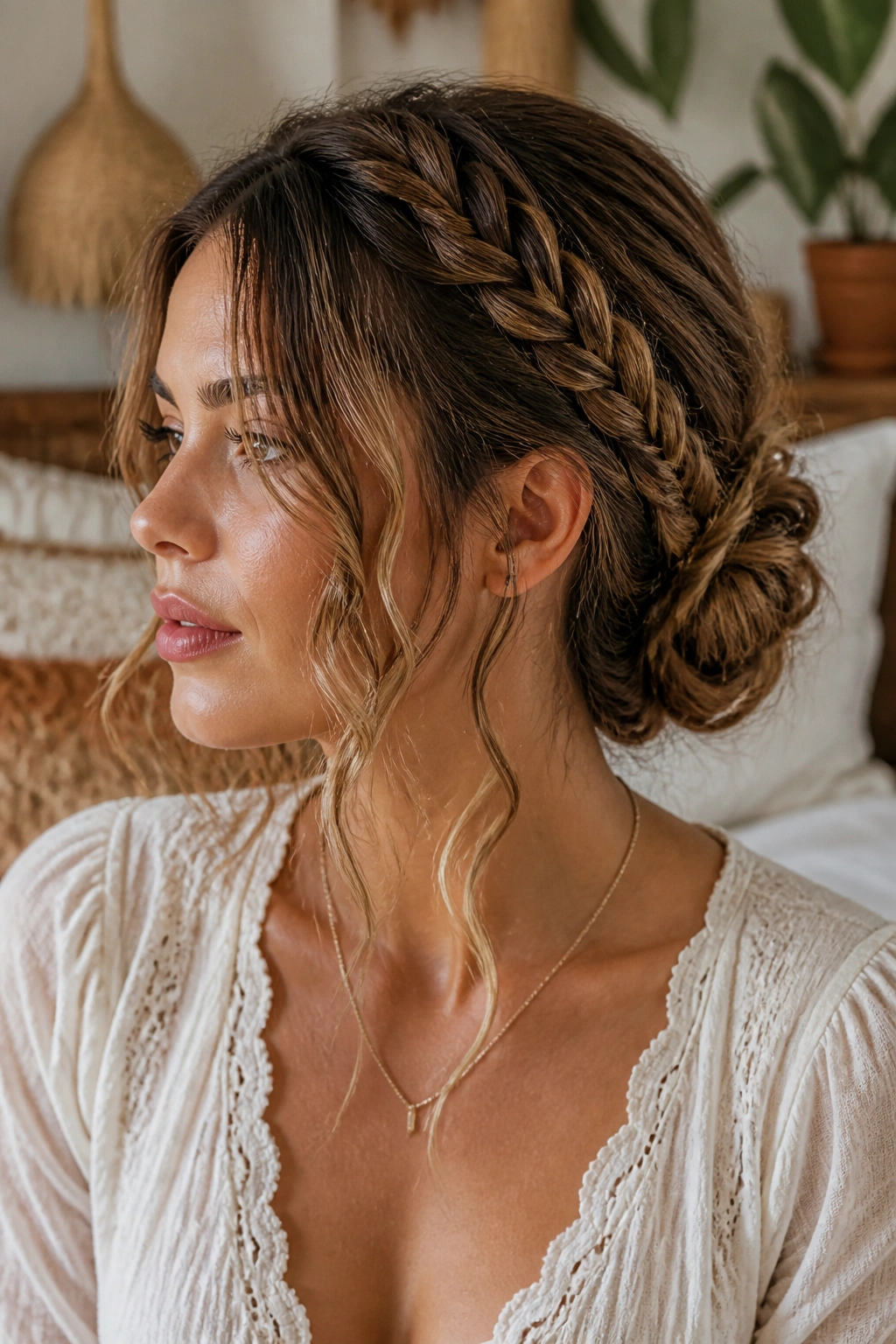 Close-up of a real woman with braided bun and face-framing pieces