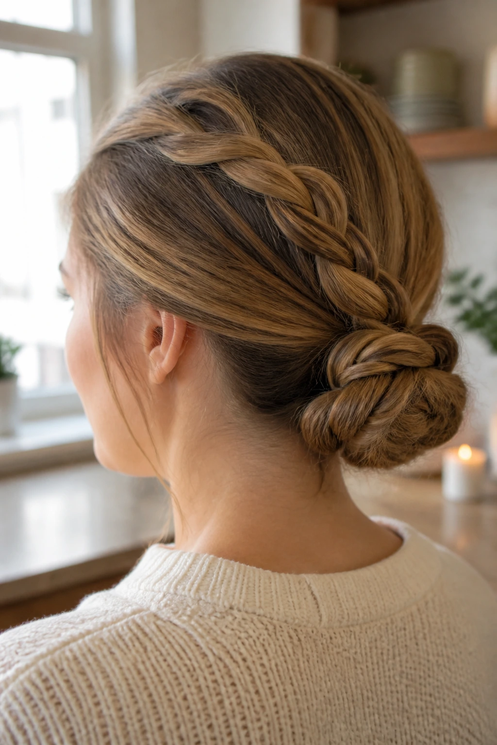 Close-up of a real person with a braided bun at the nape