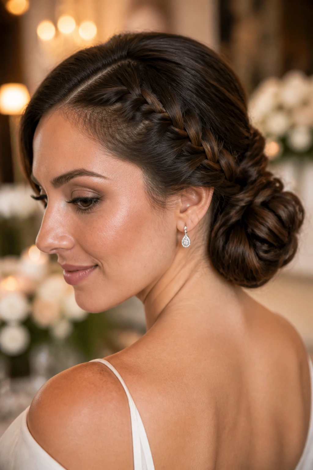 Portrait of a real woman with a braided side bun at a wedding venue.