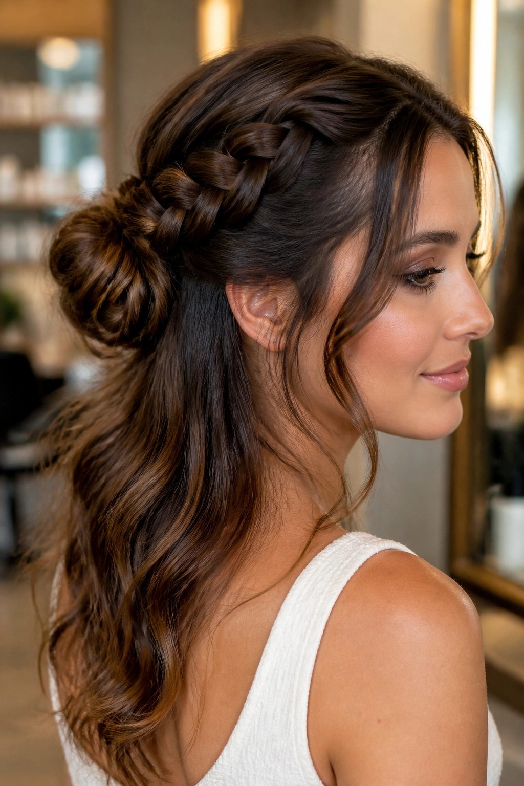 Close-up of a real woman with a braided bun half-up hairstyle.