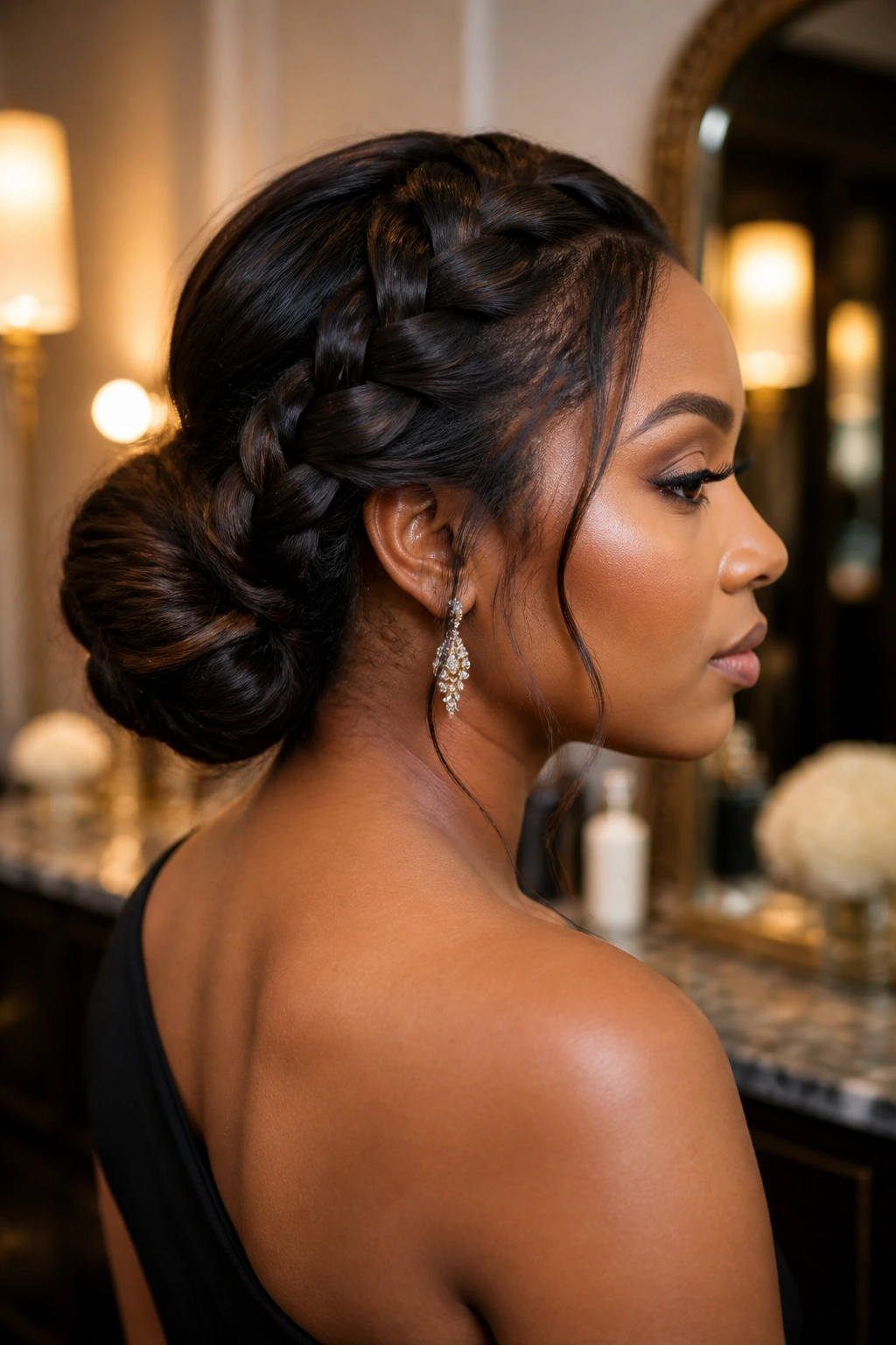 Braided bun hybrid on real woman in dressing room