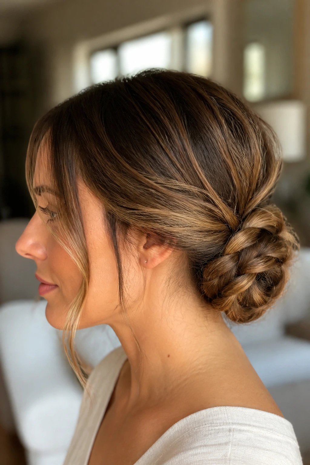Close-up of real woman with a braided bun that looks intricate