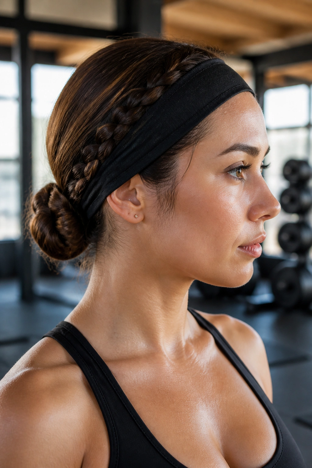 Close-up of a real woman with a low braided bun at the nape during exercise