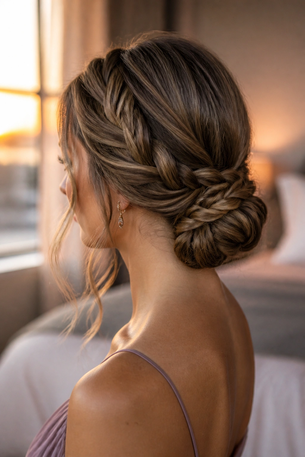 Close-up of a real woman with a braided bun at the nape in warm sunset light