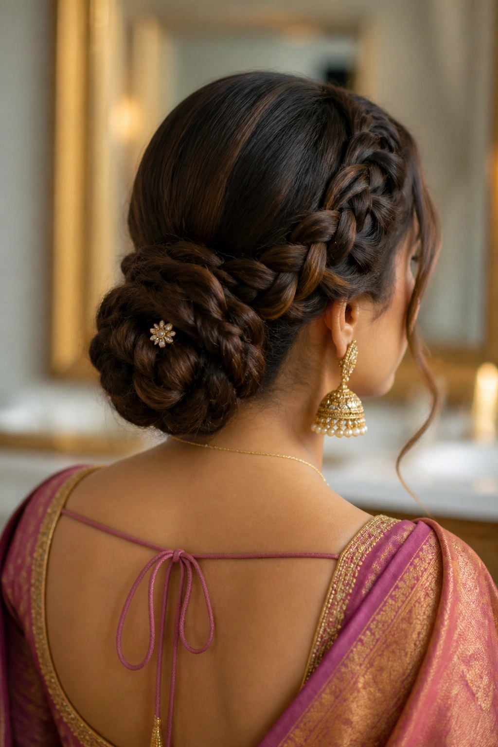 Real woman with braided bun at the nape and saree