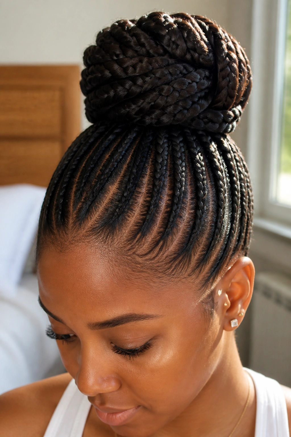 Close-up of a real woman with a neat braided bun at the crown in a cozy bedroom.