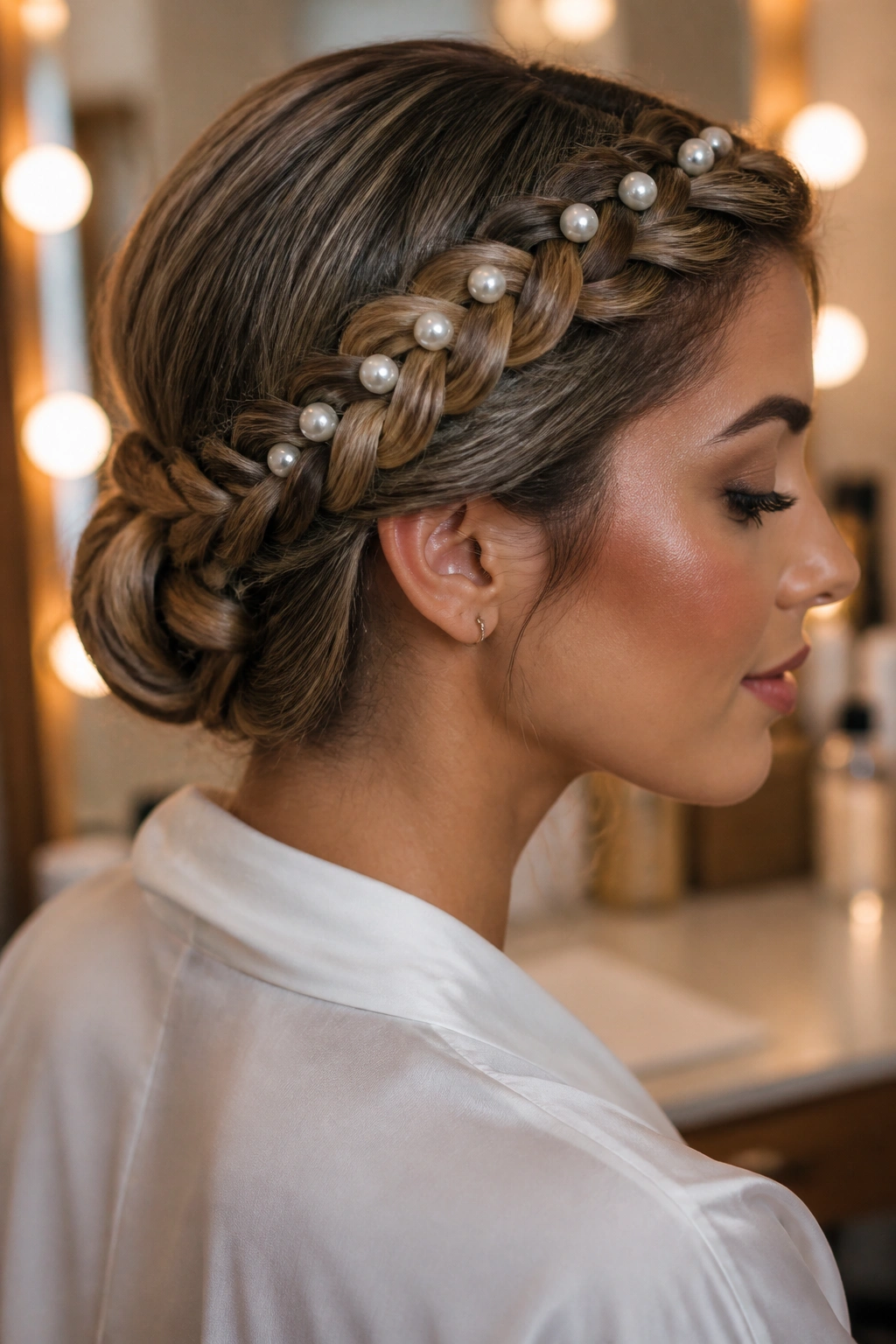 Close-up portrait of a real woman with a braided crown ending in a bun and pearl pins.