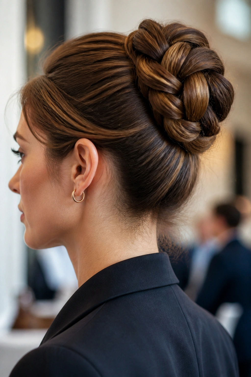 Close-up of a real woman with a braided bun formed from a long braid.