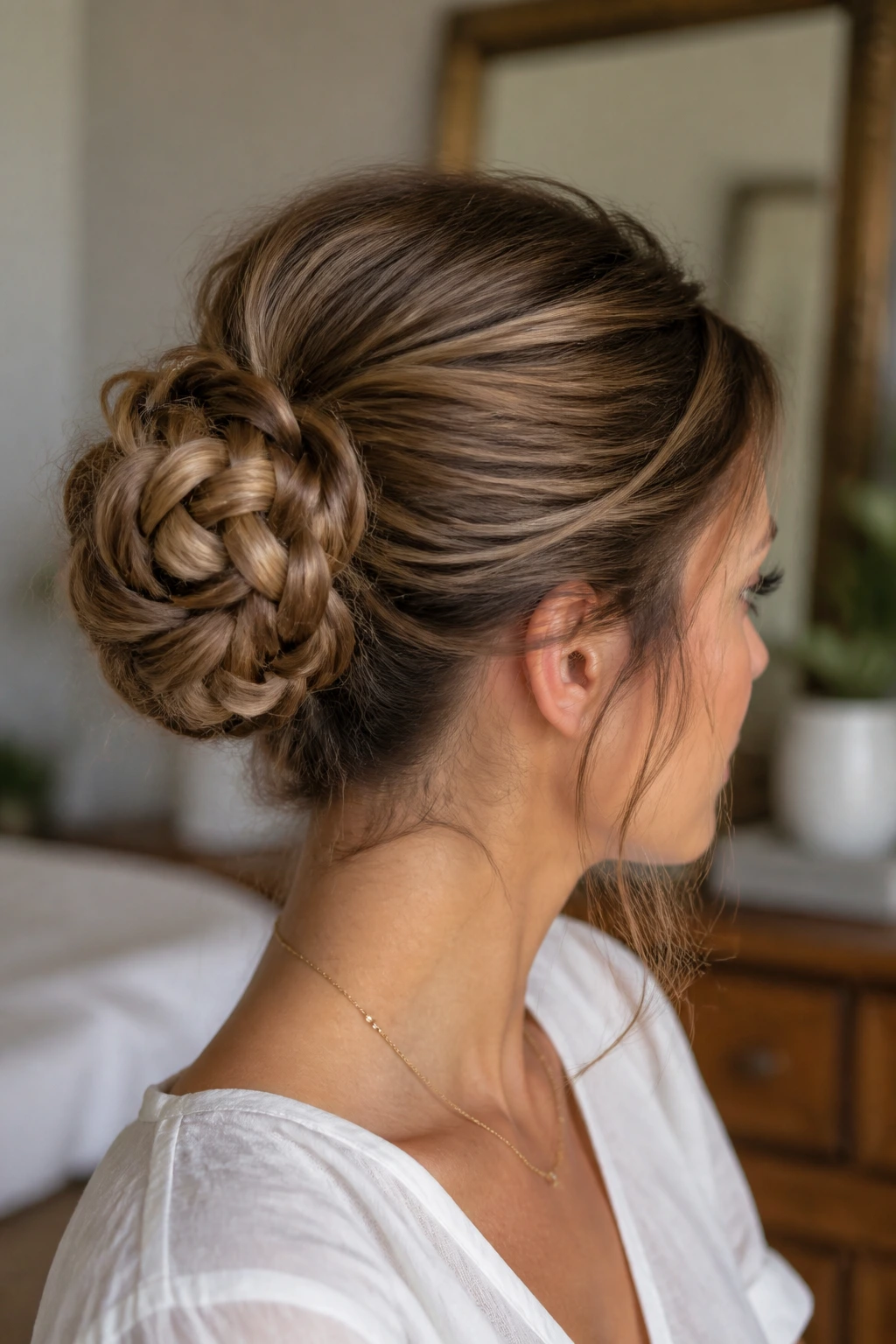 Close-up of a real woman with a braided bun at the back of the head