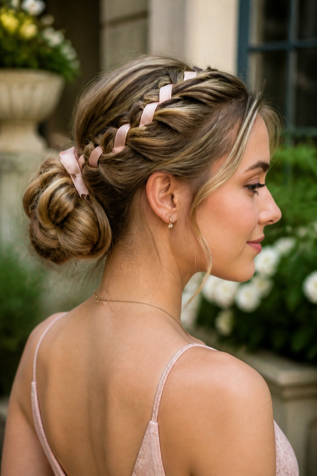 Head-and-shoulders portrait of a real woman with a braided bun and ribbon detail