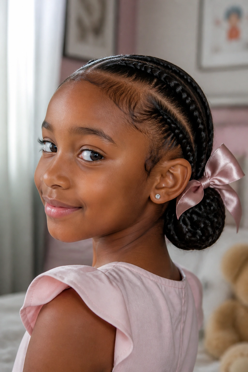 Close-up portrait of a real girl with a low braided bun and satin bow in a softly lit classroom corner