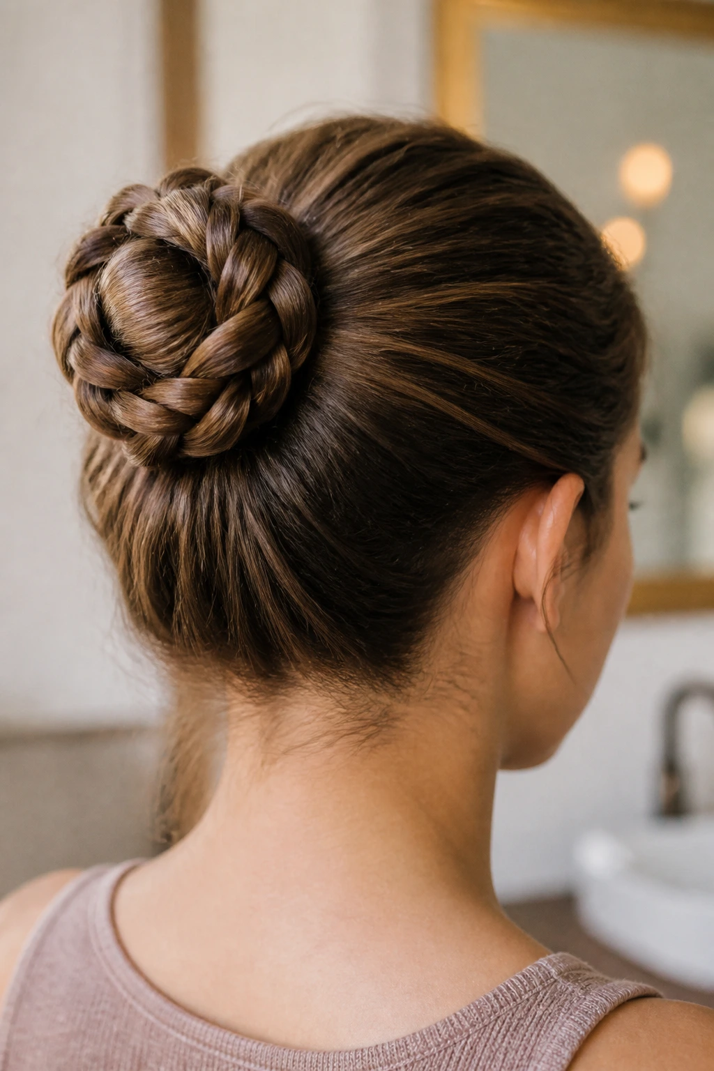 Close-up of a person with a bun created from a single braid