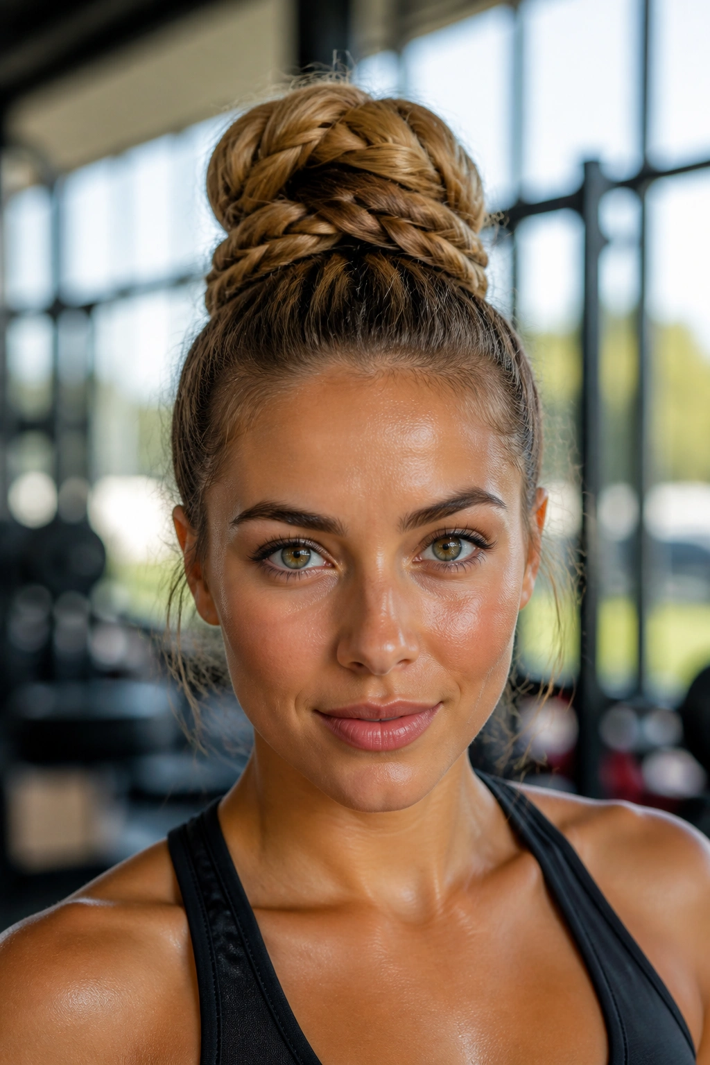 Close-up of a real woman wearing a high braided bun in a gym setting