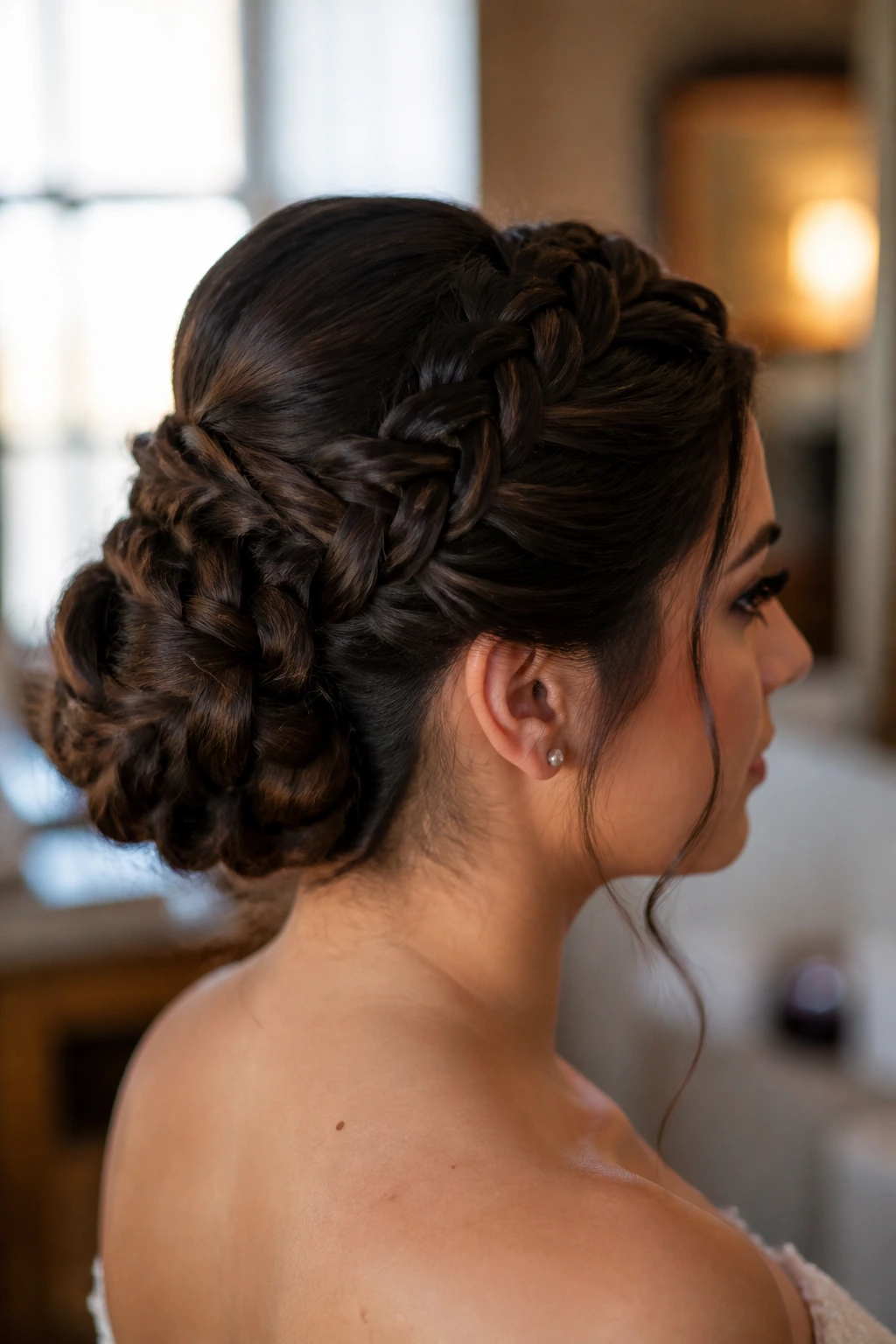 Close-up of a real woman with a thick braided bun made from two interwoven braids
