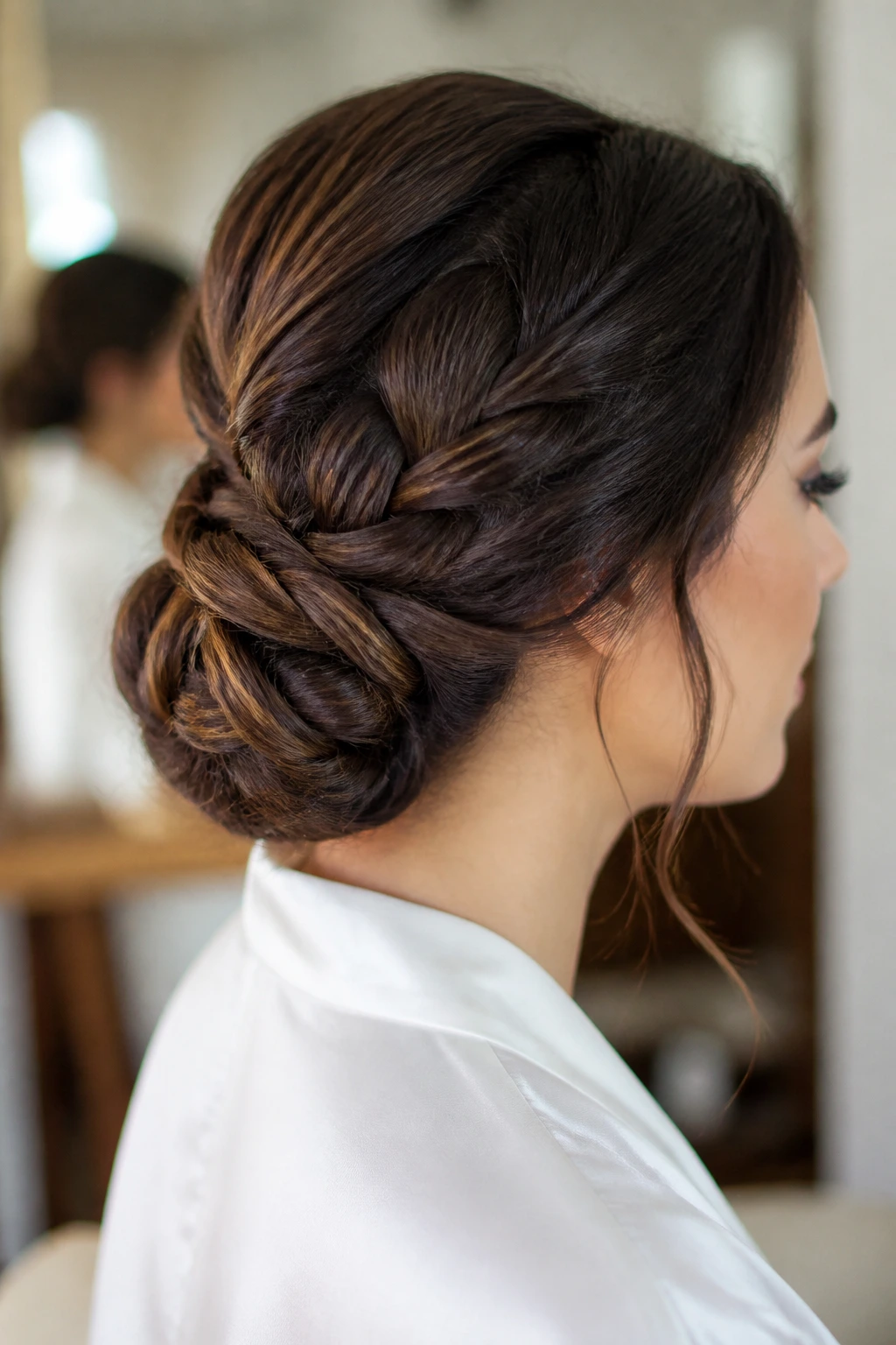 Head-and-shoulders shot of a real woman with braided low bun and wrapped base on thick hair