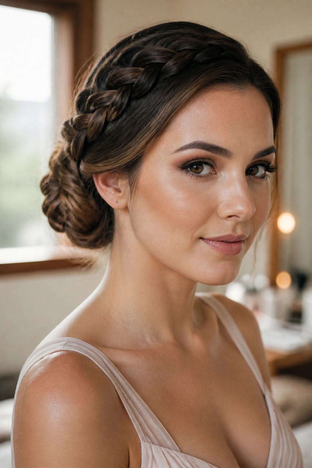 Close-up of a real woman with a braided bun tucked ends in warm dressing-room light