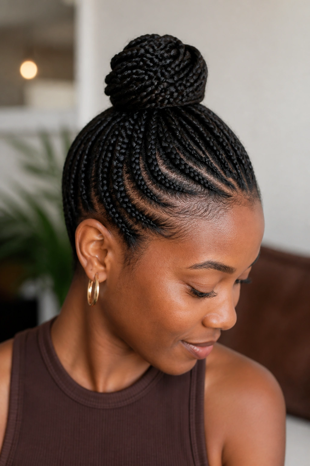 Close-up of a real woman with a small braided bun tucked neatly against the head in soft indoor light
