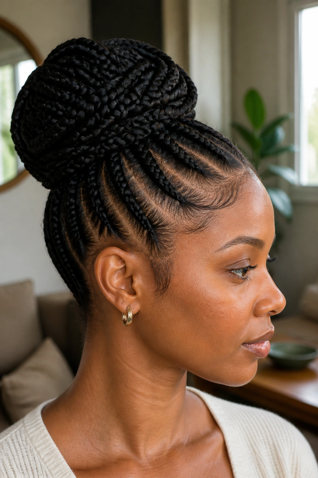 Close-up of a real woman with a braided bun in warm indoor light
