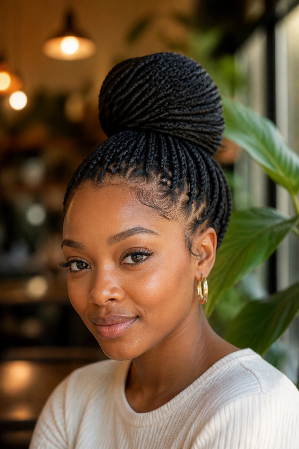Real woman with a secured braided bun at the crown