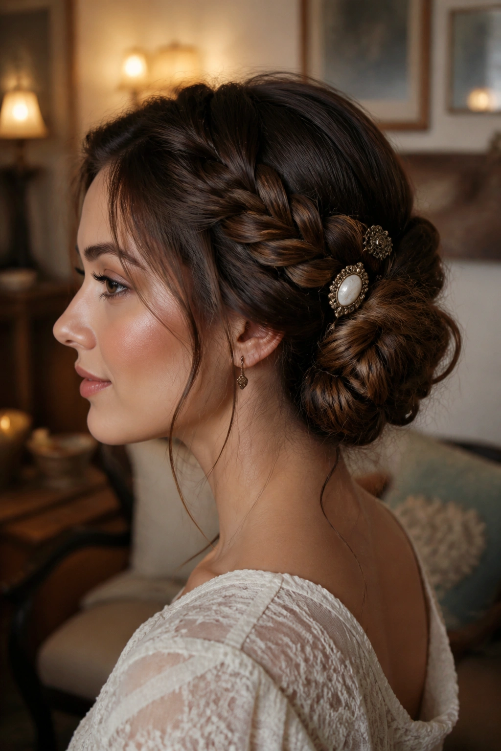 Close-up of a woman with a braided bun and vintage clips