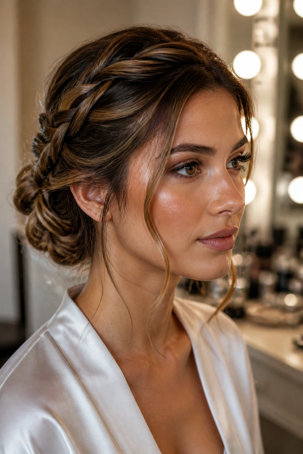 Close-up of braided chignon with face-framing pieces on a real person.