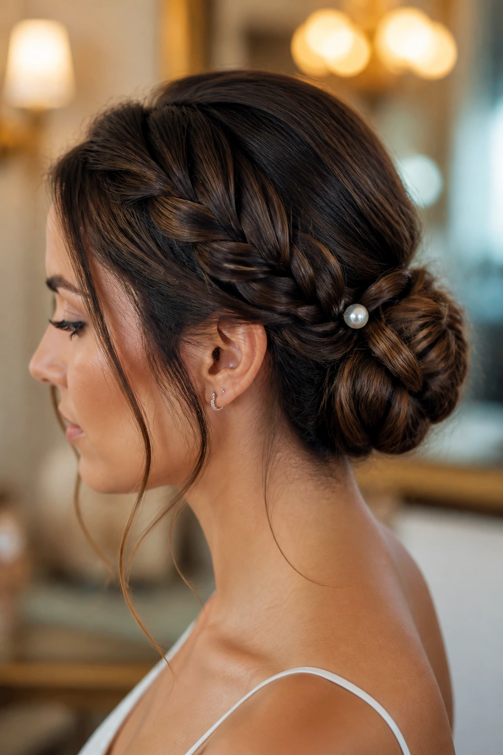 Close-up of a real woman with a pearl-accessorized braided chignon